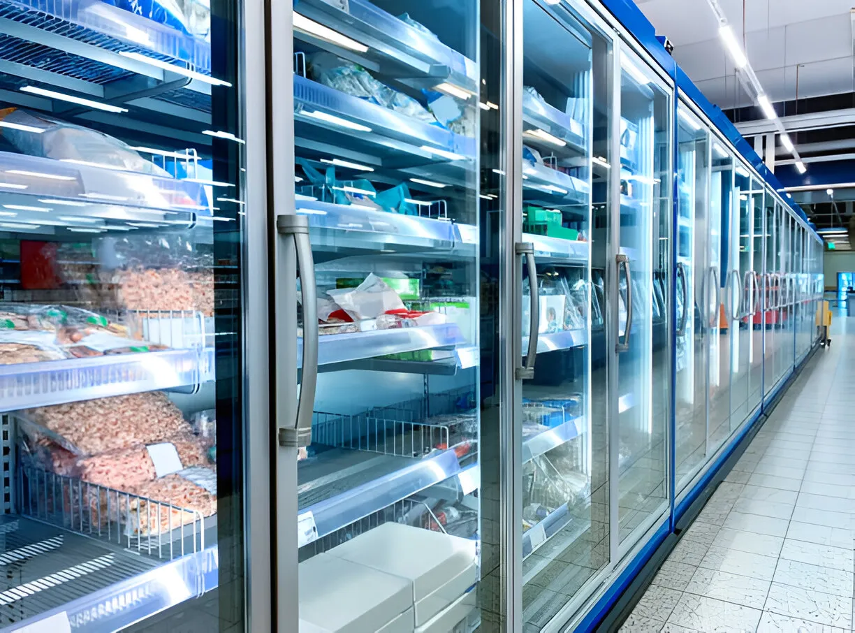 Frozen food section with long glass refrigerator cases in grocery store
