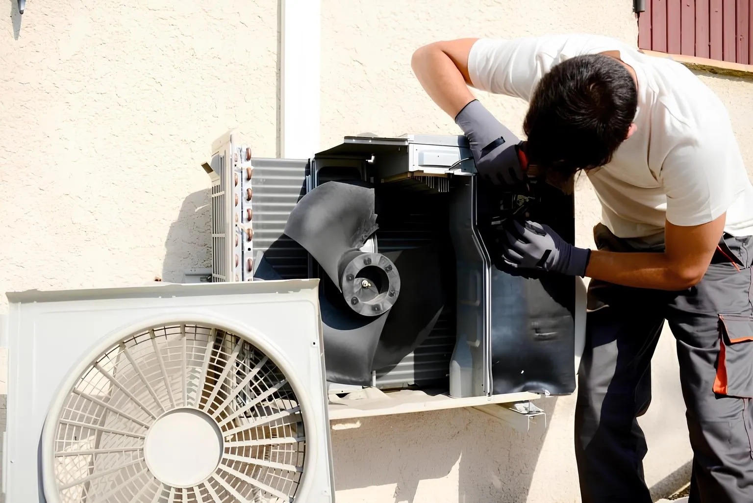 Technician repairing an air conditioning unit outside a building