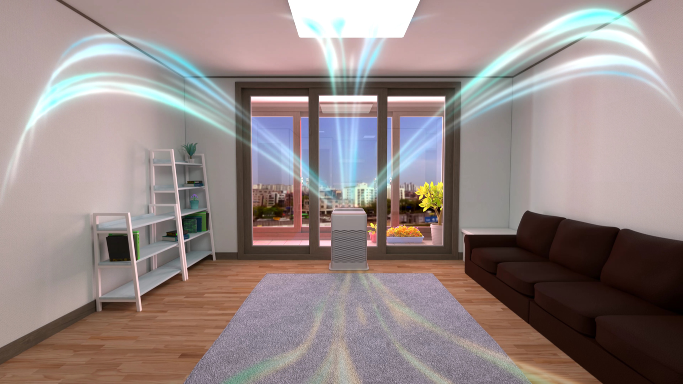 Modern living room with air purifier blowing clean air