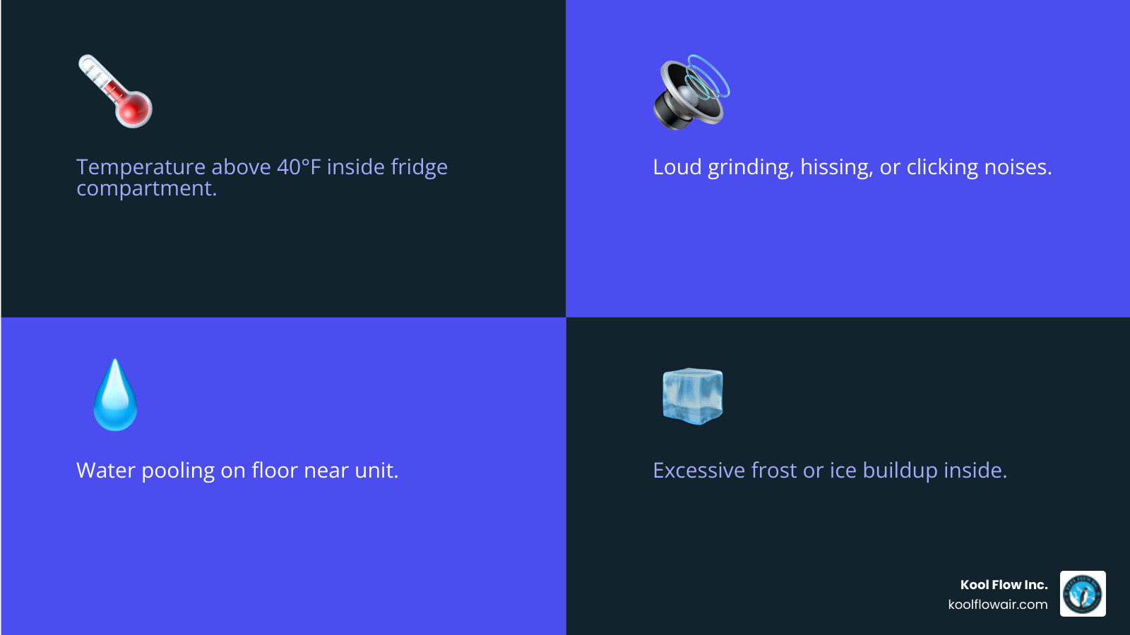Infographic showing 5 warning signs of refrigerator failure: 1) Temperature above 40°F inside fridge compartment, 2) Loud grinding, hissing, or clicking noises, 3) Water pooling on floor near unit, 4) Excessive frost or ice buildup inside, 5) Spoiled food smell or burning electrical odor - refrigeration repair 24 hour in fort lauderdale, fl infographic 4_facts_emoji_blue Infographic showing 5 warning signs of refrigerator failure: 1) Temperature above 40°F inside fridge compartment, 2) Loud grinding, hissing, or clicking noises, 3) Water pooling on floor near unit, 4) Excessive frost or ice buildup inside, 5) Spoiled food smell or burning electrical odor - refrigeration repair 24 hour in fort lauderdale, fl infographic 4_facts_emoji_blue