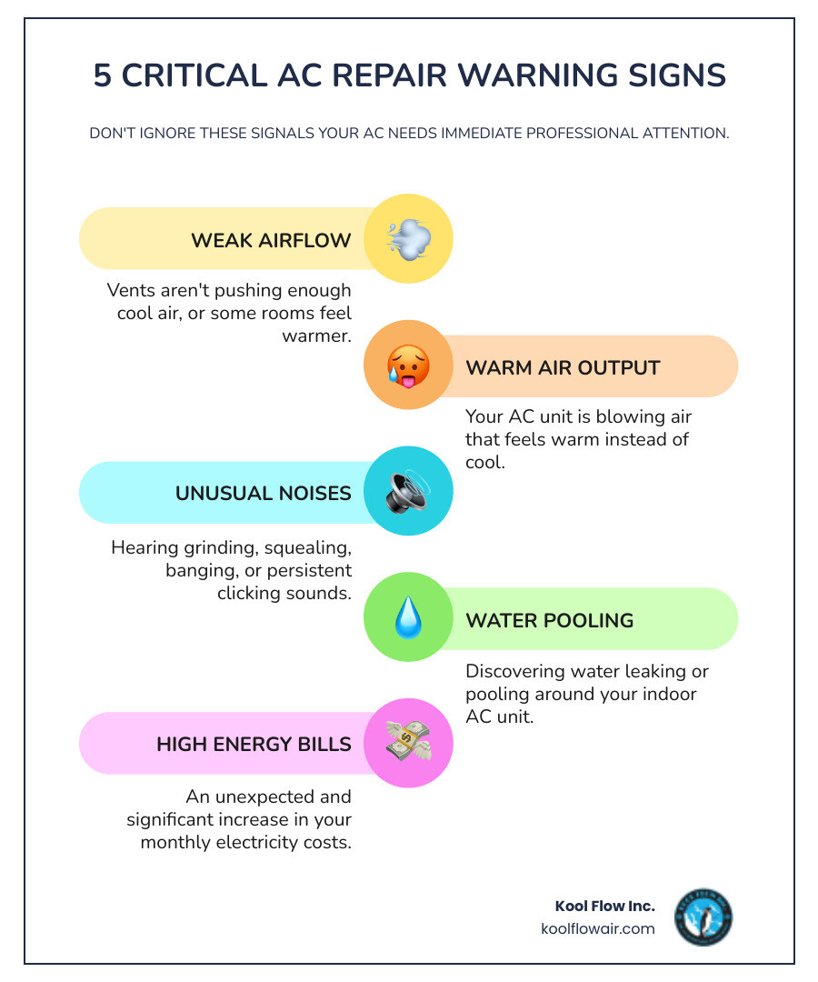 infographic showing five critical warning signs that indicate your AC needs immediate professional repair: weak airflow from vents, warm air instead of cool air, unusual grinding or squealing noises, water pooling near the unit, and unexpectedly high energy bills - ac repair in west park, fl infographic infographic-line-5-steps-colors infographic showing five critical warning signs that indicate your AC needs immediate professional repair: weak airflow from vents, warm air instead of cool air, unusual grinding or squealing noises, water pooling near the unit, and unexpectedly high energy bills - ac repair in west park, fl infographic infographic-line-5-steps-colors