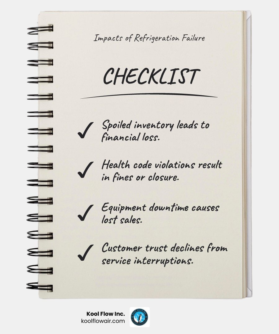 Infographic showing the impact of commercial refrigeration failure: spoiled inventory leads to financial loss, health code violations result in fines or closure, equipment downtime causes lost sales, and customer trust declines from service interruptions - refrigeration installation commercial in pembroke pines, fl infographic checklist-notebook Infographic showing the impact of commercial refrigeration failure: spoiled inventory leads to financial loss, health code violations result in fines or closure, equipment downtime causes lost sales, and customer trust declines from service interruptions - refrigeration installation commercial in pembroke pines, fl infographic checklist-notebook