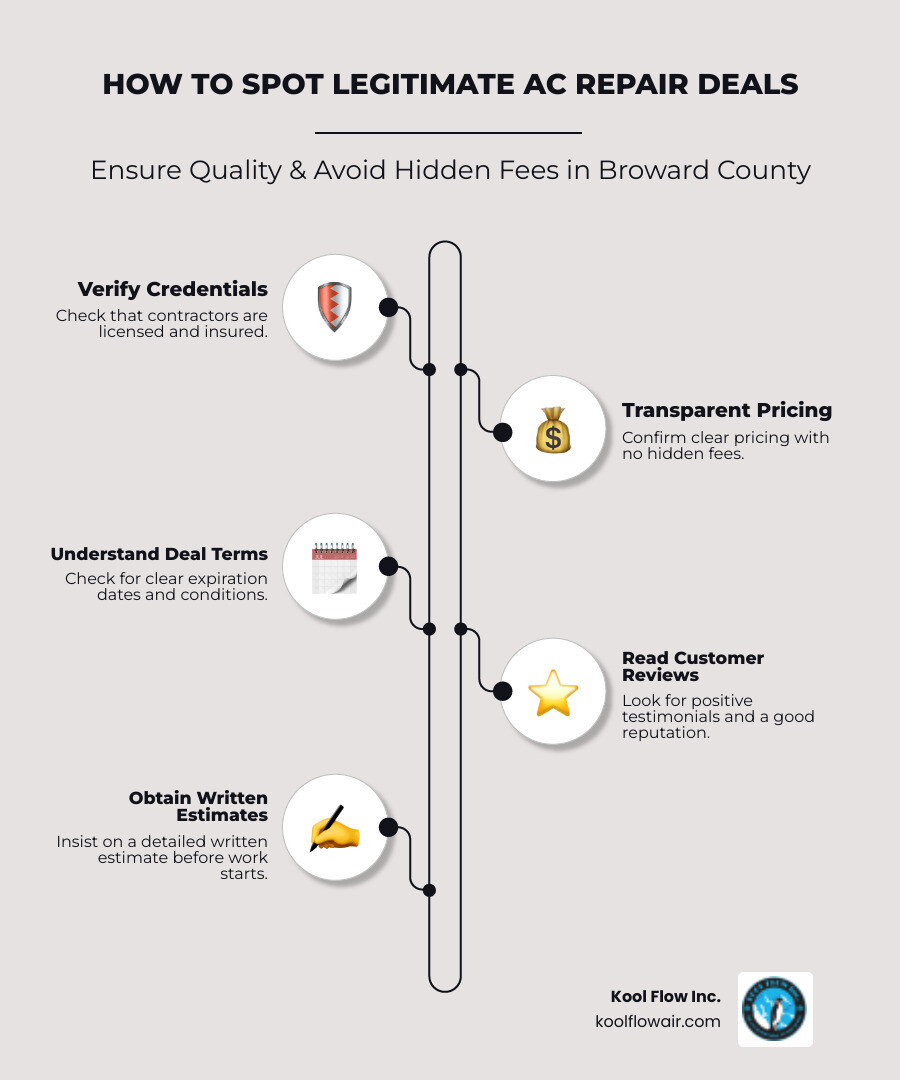 Infographic showing how to identify legitimate AC repair deals: verify contractor license and insurance, confirm transparent pricing with no hidden fees, check for clear deal terms and expiration dates, look for customer reviews and testimonials, ensure deals include written estimates before work begins - ac repair deals in broward county, fl infographic infographic-line-5-steps-elegant_beige Infographic showing how to identify legitimate AC repair deals: verify contractor license and insurance, confirm transparent pricing with no hidden fees, check for clear deal terms and expiration dates, look for customer reviews and testimonials, ensure deals include written estimates before work begins - ac repair deals in broward county, fl infographic infographic-line-5-steps-elegant_beige