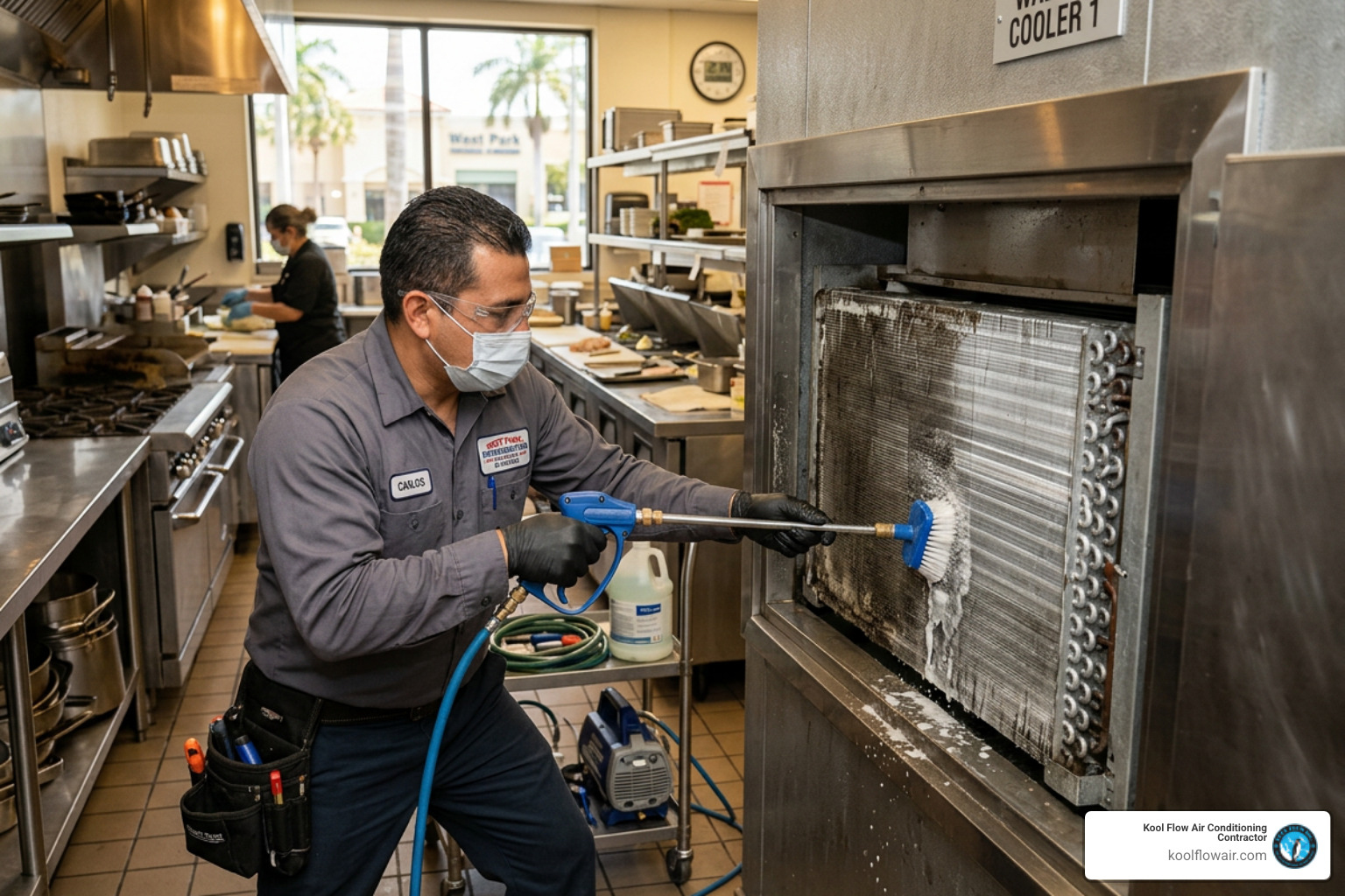 Technician cleaning commercial evaporator coils to improve airflow and cooling efficiency in West Park FL - refrigeration Technician cleaning commercial evaporator coils to improve airflow and cooling efficiency in West Park FL - refrigeration