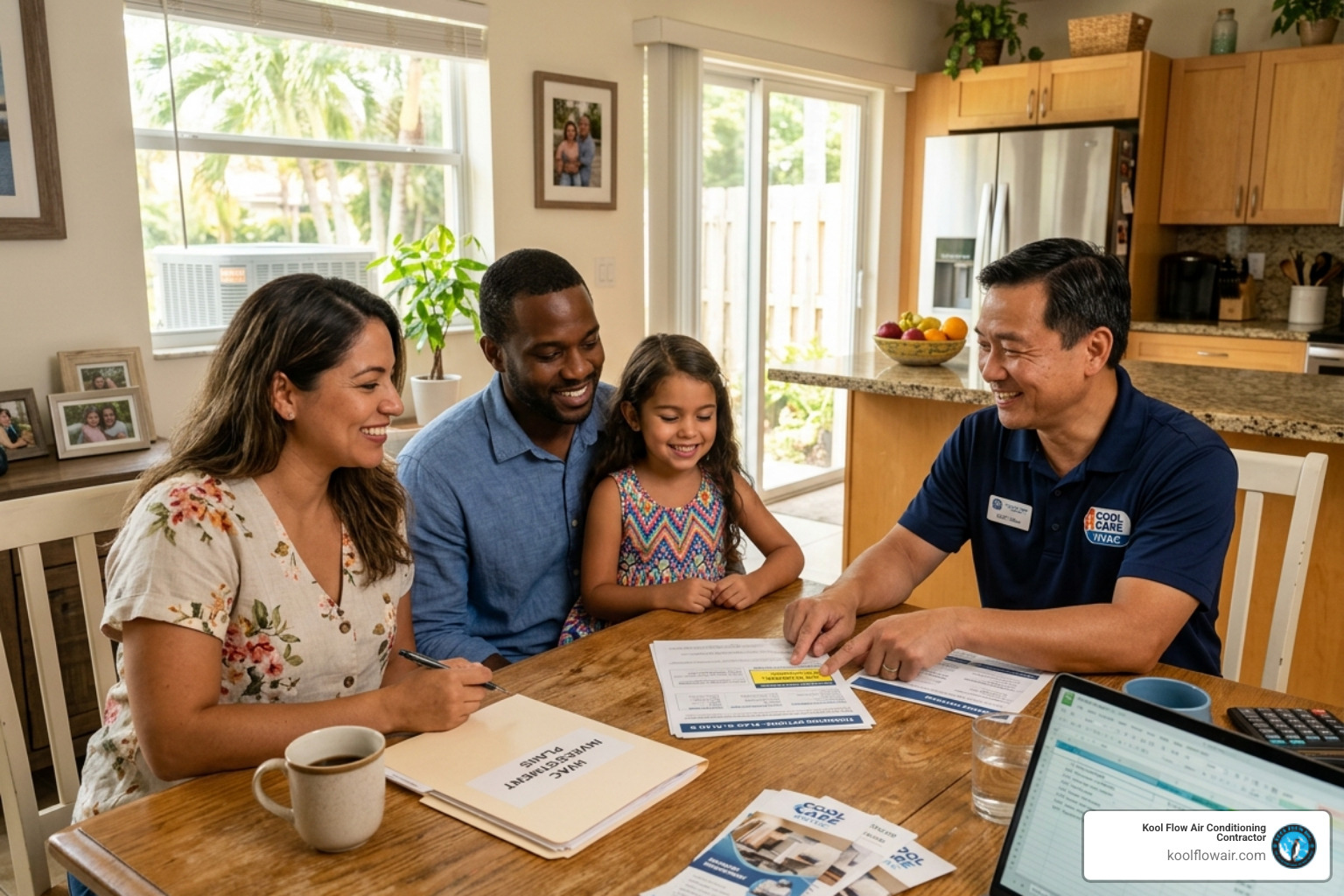 Family discussing financing options with an HVAC professional - I want to find a trustworthy, family-owned business for West