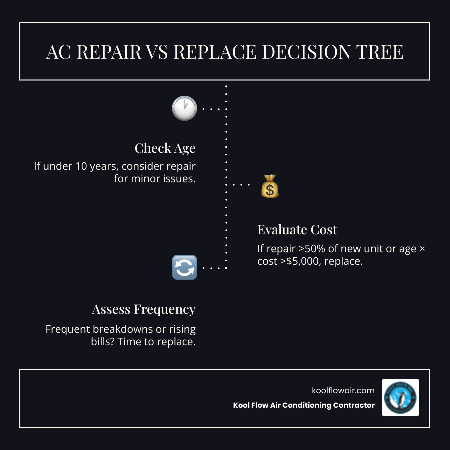 Repair vs. replace AC decision tree infographic showing age, cost, and breakdown frequency thresholds - how to decide Repair vs. replace AC decision tree infographic showing age, cost, and breakdown frequency thresholds - how to decide
