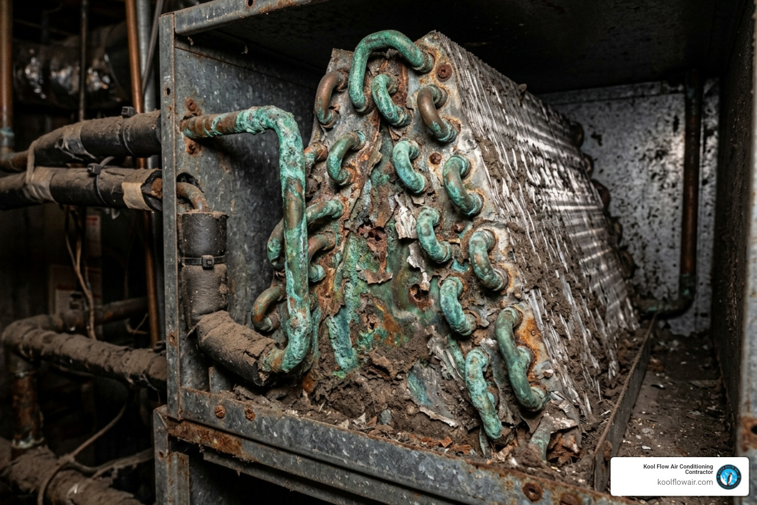 Corroded copper coils inside an older AC air handler unit - repair vs replace your ac in south florida Corroded copper coils inside an older AC air handler unit - repair vs replace your ac in south florida