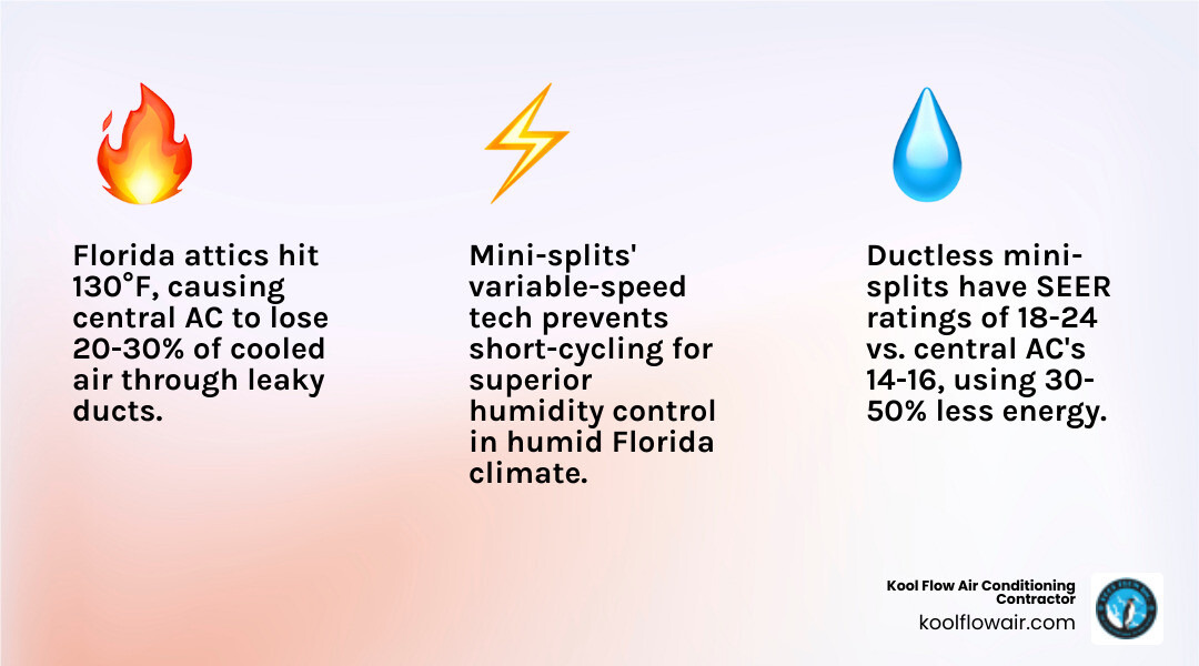 Infographic comparing central AC vs ductless mini-split system mechanics, SEER ratings, energy loss, and best-use scenarios