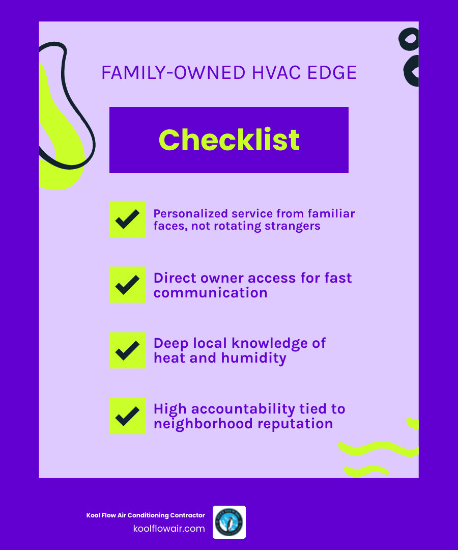 Infographic showing the Family-Owned HVAC Advantage: personalized service, local expertise, accountability, quality