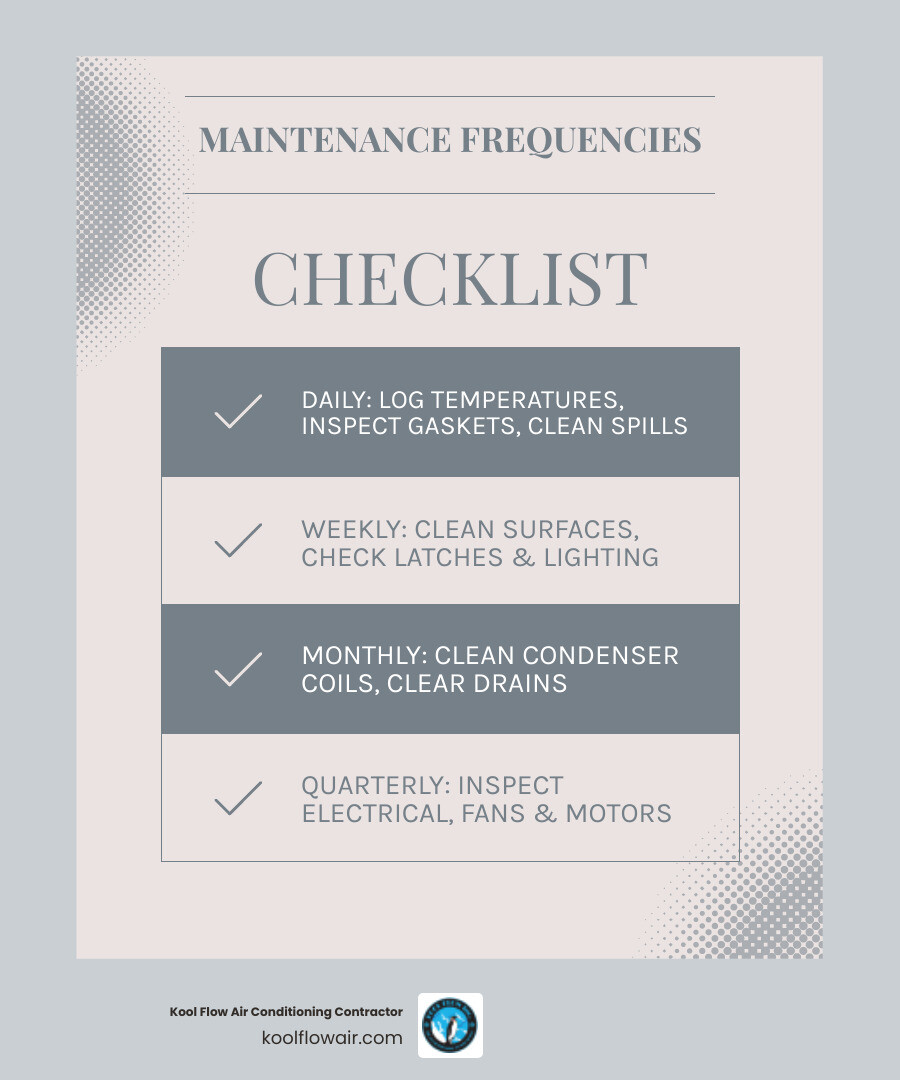 Infographic showing daily to annual commercial refrigeration maintenance tasks and their benefits - commercial refrigeration