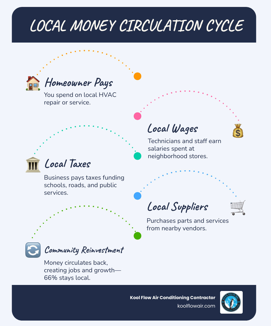 Infographic showing local money circulation cycle: homeowner pays local HVAC business, money flows to local wages, local