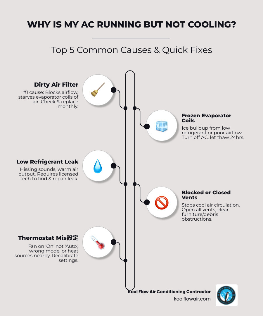 Infographic showing 10 common reasons an AC runs but doesn't cool with DIY vs professional fix labels - why is my ac running Infographic showing 10 common reasons an AC runs but doesn't cool with DIY vs professional fix labels - why is my ac running
