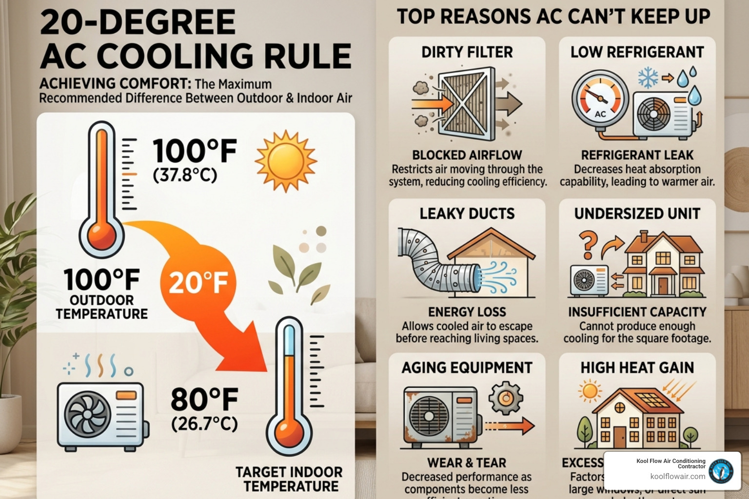 Infographic showing the 20-degree AC cooling differential rule and top reasons AC cant keep up with heat - when your ac cant Infographic showing the 20-degree AC cooling differential rule and top reasons AC cant keep up with heat - when your ac cant