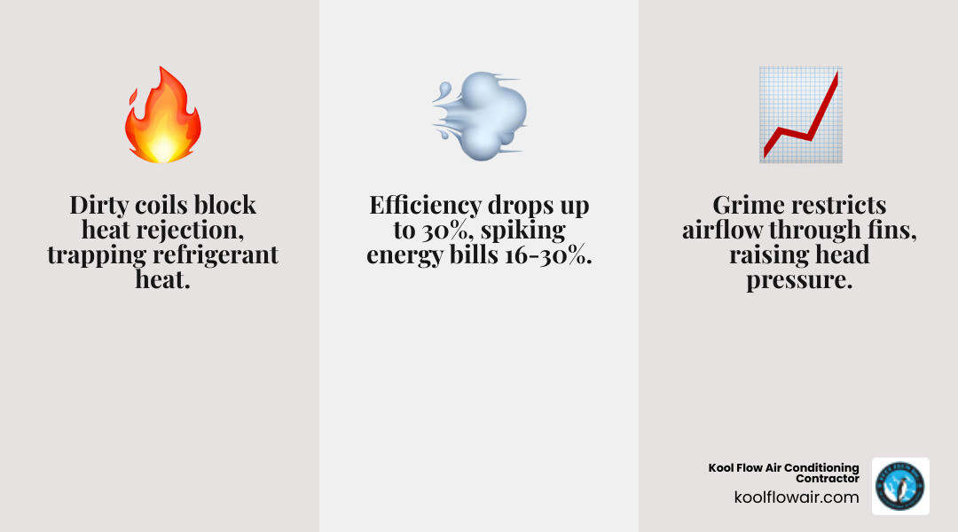Infographic showing how a dirty condenser coil disrupts the refrigerant heat exchange cycle and reduces AC efficiency Infographic showing how a dirty condenser coil disrupts the refrigerant heat exchange cycle and reduces AC efficiency