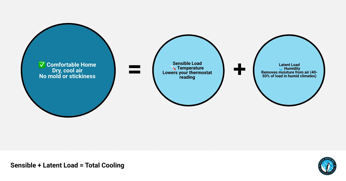Infographic showing latent vs sensible load and top AC features for humidity control in South Florida - ac features that Infographic showing latent vs sensible load and top AC features for humidity control in South Florida - ac features that