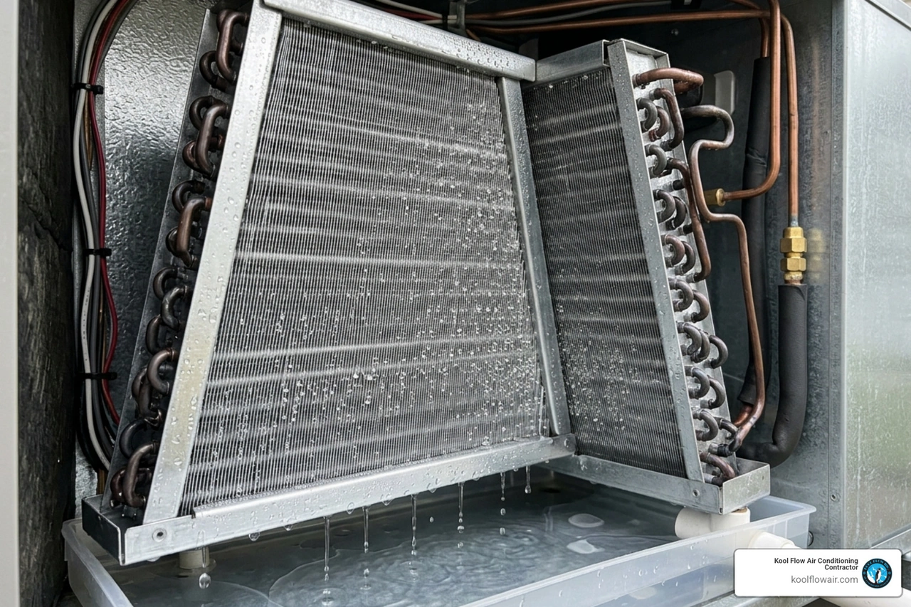 A high-efficiency evaporator coil showing condensation dripping into a drain pan - ac features that handle humidity best A high-efficiency evaporator coil showing condensation dripping into a drain pan - ac features that handle humidity best