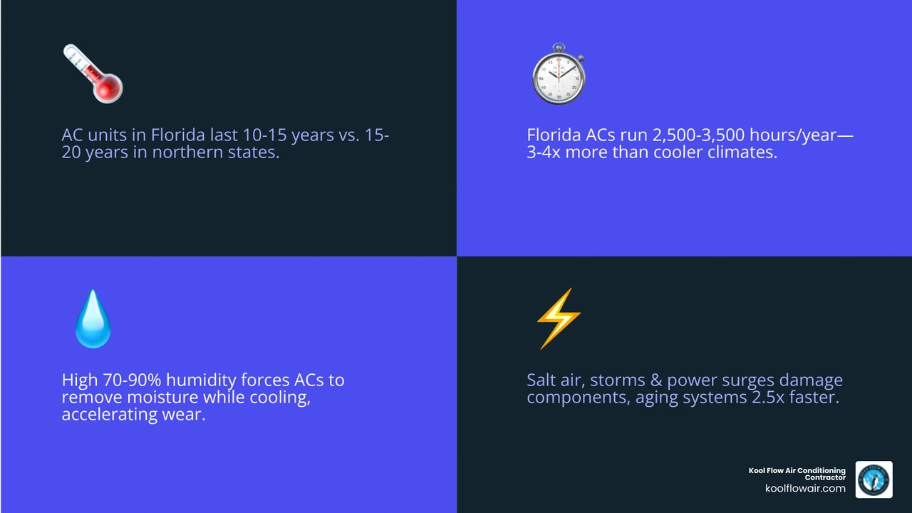 Infographic comparing AC lifespan and annual operating hours in Florida vs Northern states - how florida heat and humidity Infographic comparing AC lifespan and annual operating hours in Florida vs Northern states - how florida heat and humidity