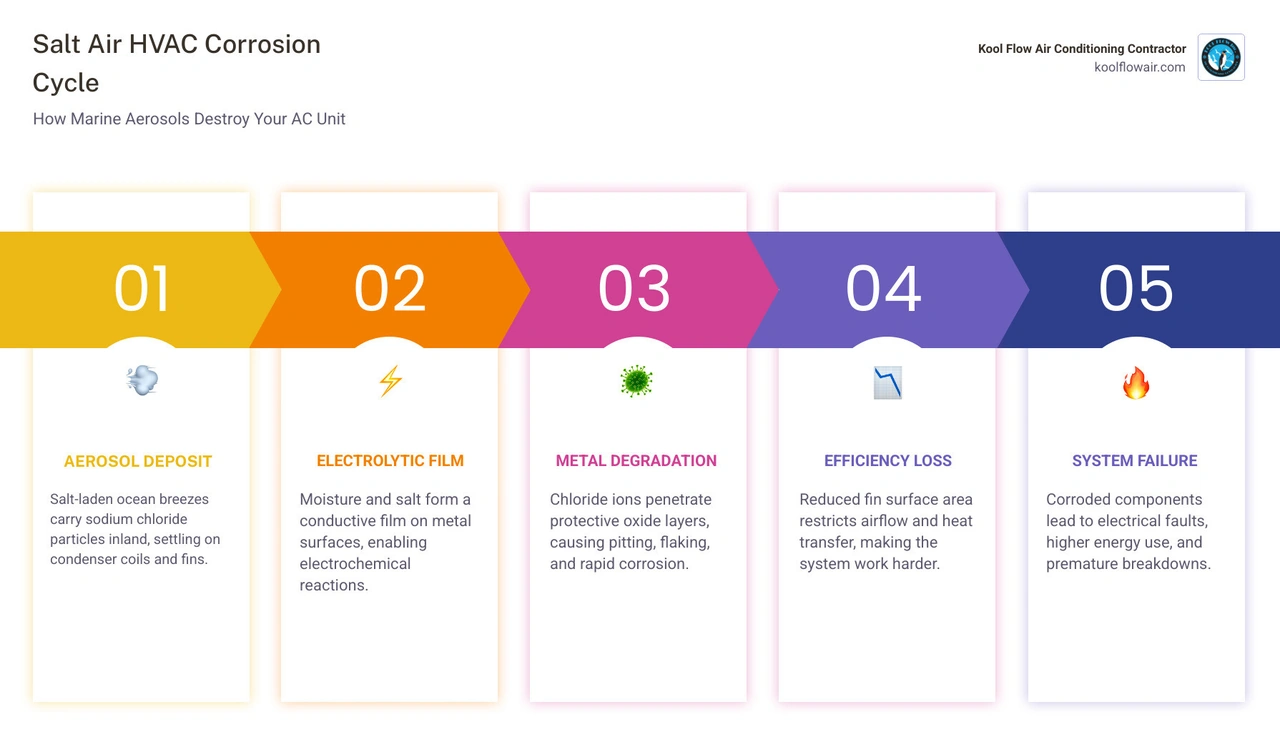 Salt air HVAC corrosion cycle infographic showing aerosol deposit, electrolytic film, metal degradation, and efficiency loss