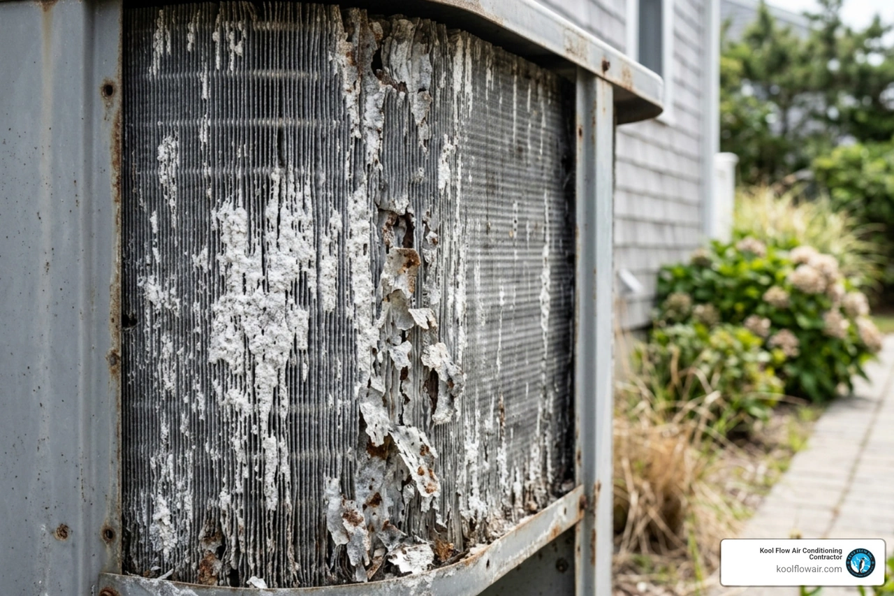 corroded aluminum fins on an AC unit showing white salt deposits and metal flaking - how does salt air affect your hvac