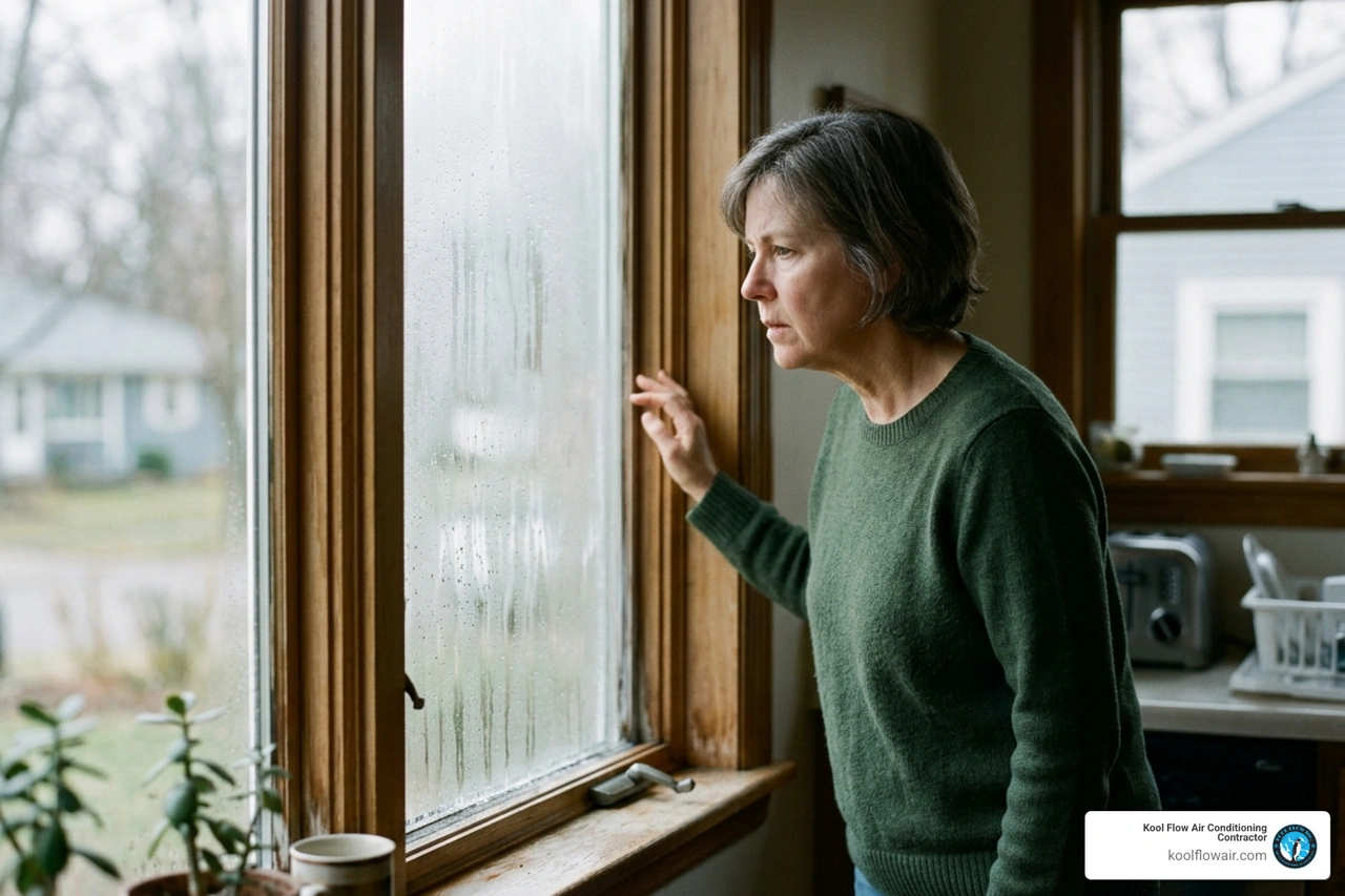 A homeowner looking at condensation and fogging on the interior of a glass window during a humid day - how humidity affects A homeowner looking at condensation and fogging on the interior of a glass window during a humid day - how humidity affects