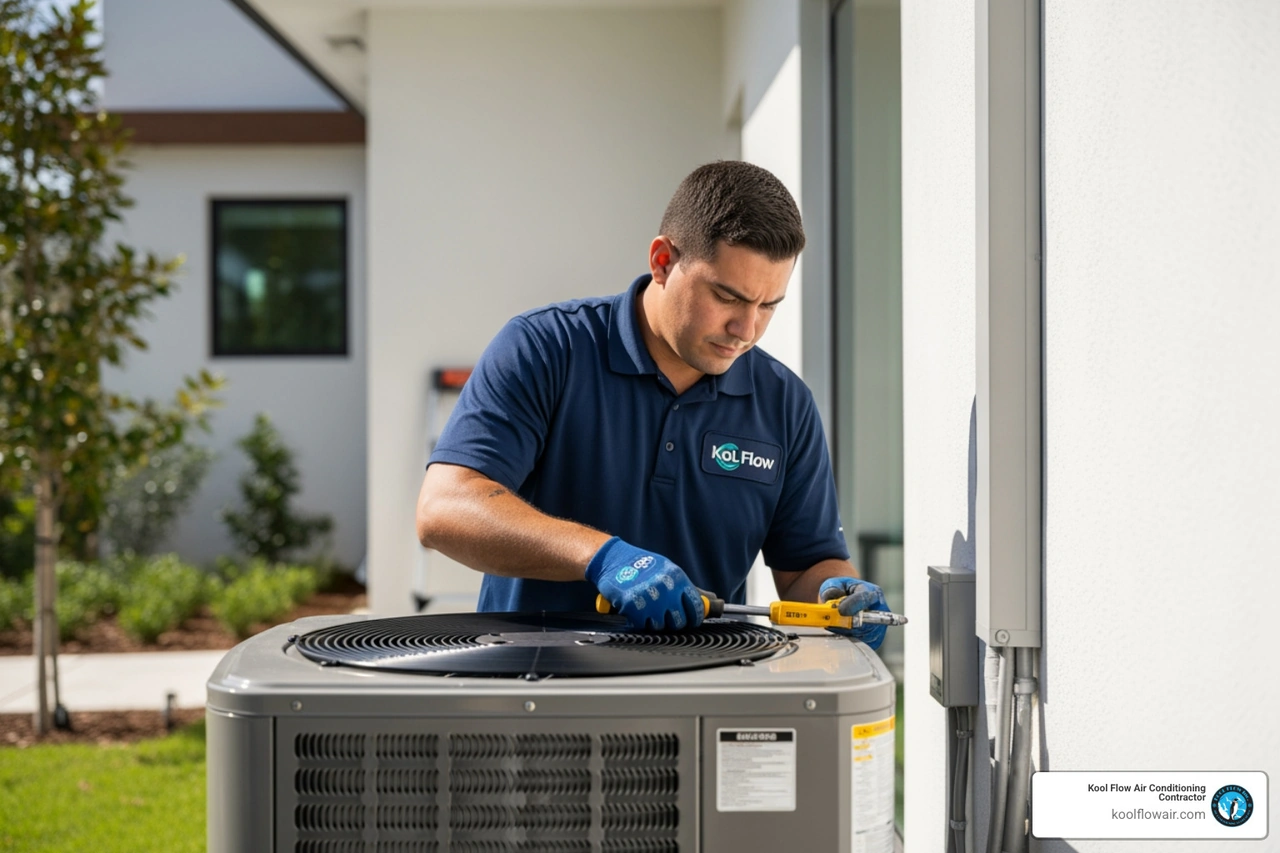 HVAC technician performing a precision installation of a high-efficiency AC unit in Hollywood, FL HVAC technician performing a precision installation of a high-efficiency AC unit in Hollywood, FL