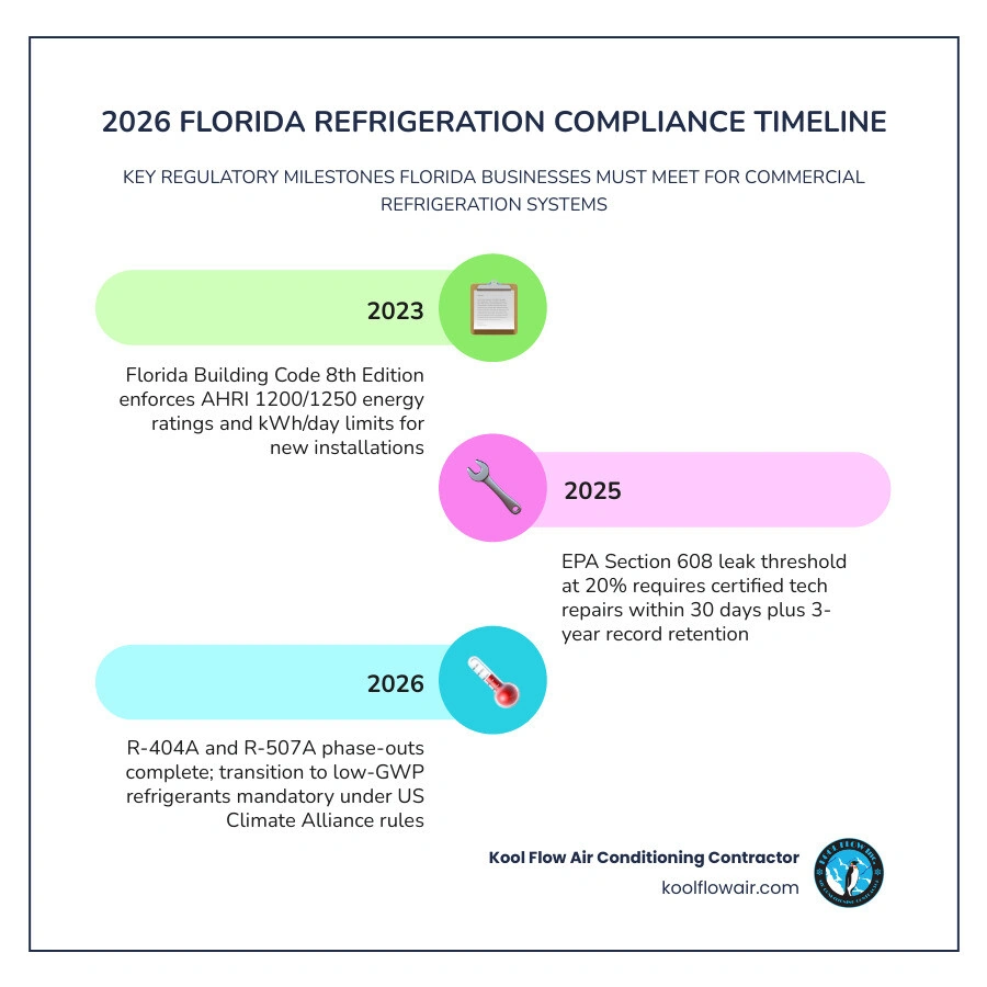 Infographic showing 2026 Florida commercial refrigeration compliance timeline with key regulations and deadlines infographic Infographic showing 2026 Florida commercial refrigeration compliance timeline with key regulations and deadlines infographic