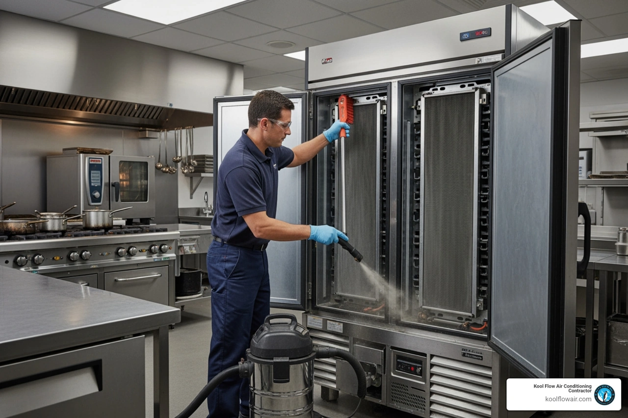 Technician cleaning dusty condenser coils on a commercial refrigerator