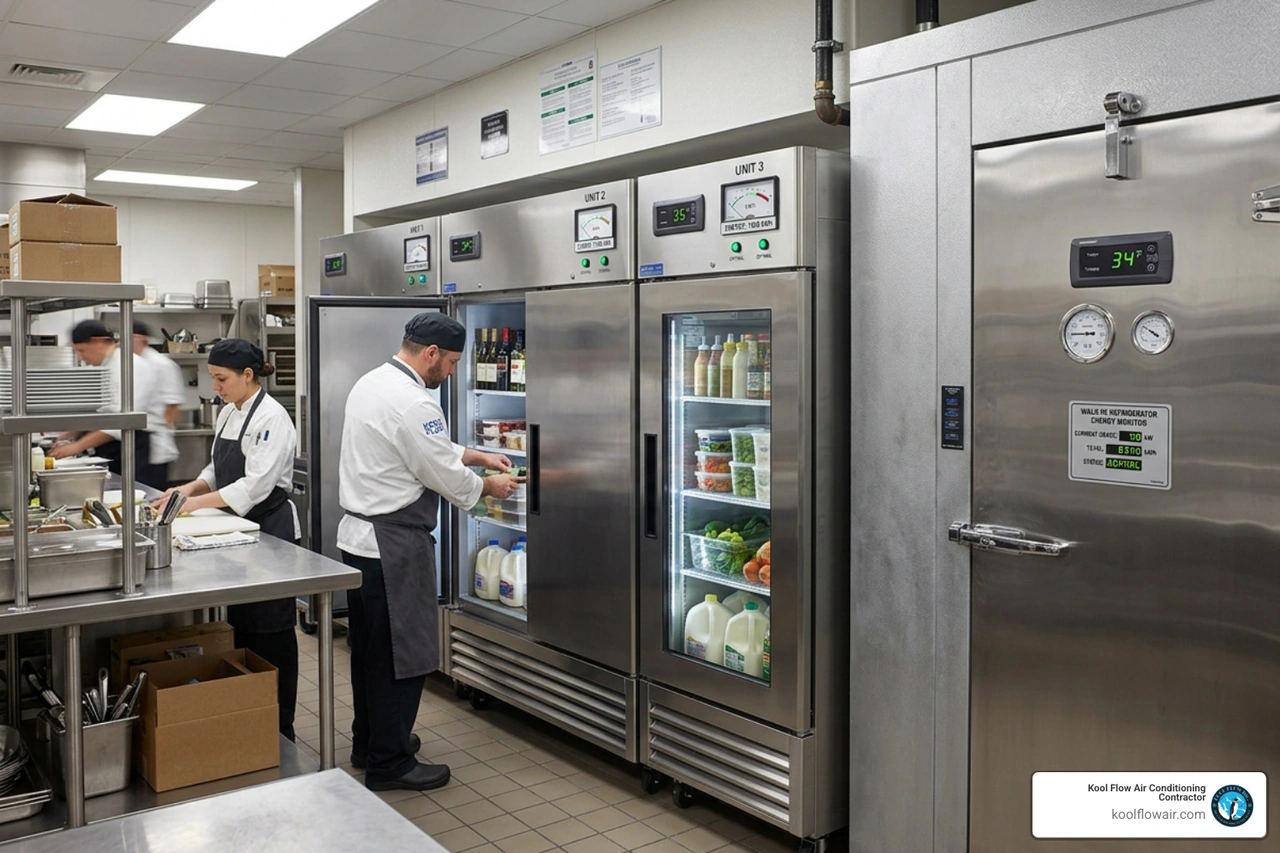 infographic showing commercial refrigeration energy distribution including percentage of kitchen load, annual kWh, and key