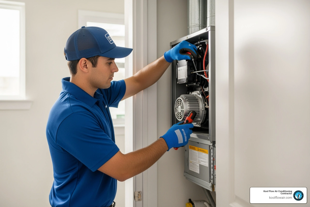 HVAC technician in a Broward County home adjusting the blower motor settings on a modern air handler