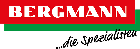 Bergmann logo with white bold text on a red rectangle above a green stripe, and black cursive text reading '...die Spezialisten' below.