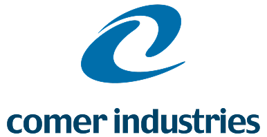 Comer Industries logo with stylized blue swirl above the company name in lowercase letters.