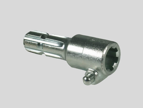 Metal socket adapter with a ball detent on a light gray background.
