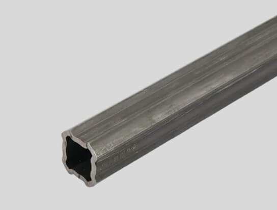 Close-up of a gray, hollow, square metal tube with slightly rounded edges on a light gray background.