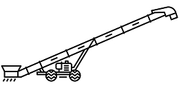 Black and white line drawing of a mobile conveyor belt on wheels.