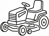 Black and white line drawing of a riding lawn mower with large rear wheels and a steering wheel.