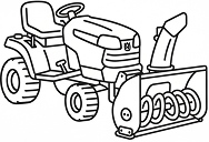 Line drawing of a snowblower attachment mounted on a lawn tractor.