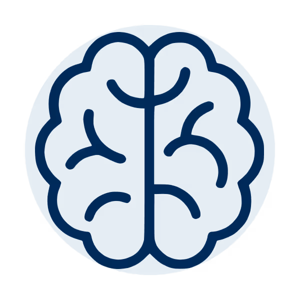 Blue circular icon depicting a simplified brain with dark blue outlines and folds.