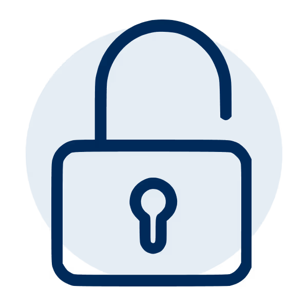 Open padlock icon inside a blue circle symbolizing unlocked or access granted.