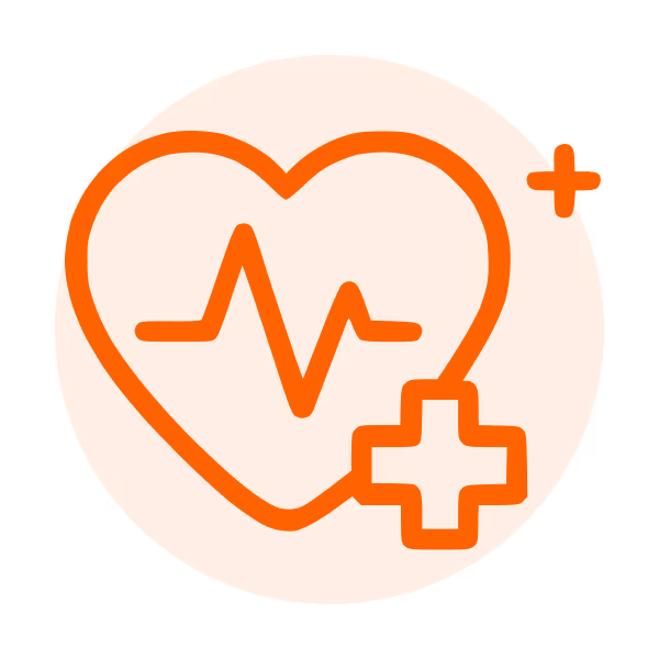 Orange circle containing a heart with an electrocardiogram line intersecting it and a female gender symbol attached.