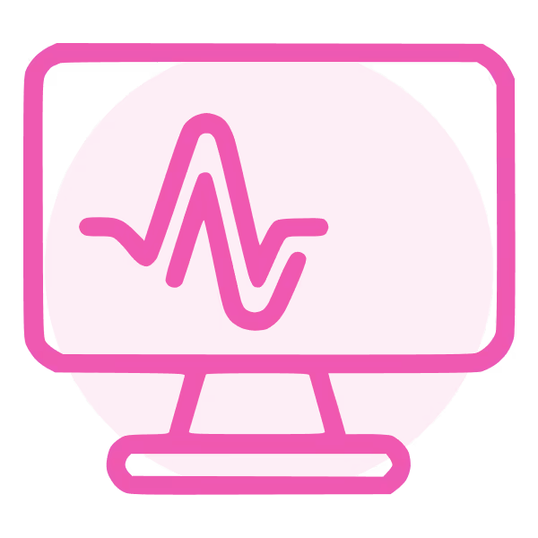 Pink computer monitor icon with a signal waveform on the screen.