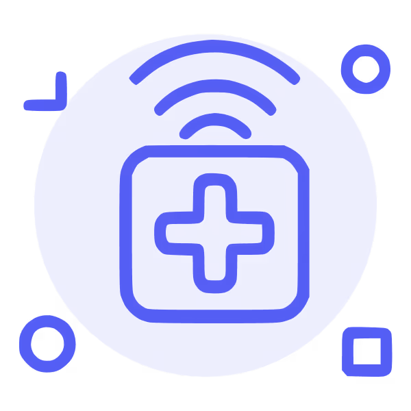 Blue icon of a medical device with a cross symbol inside a circle and wireless signal waves above it.