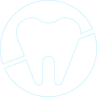 Outline of a tooth inside a circle, with two slashes cutting through the circle and tooth shape.
