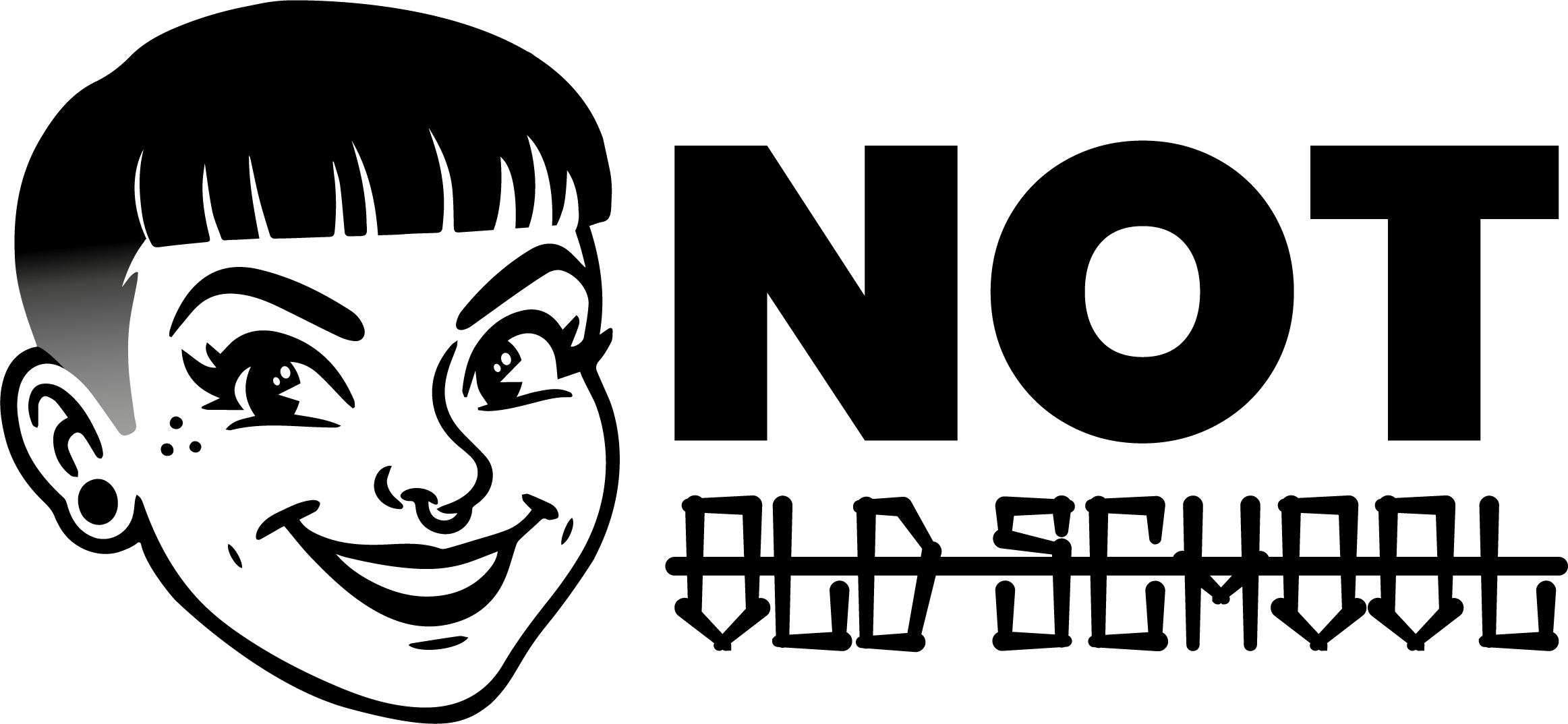 Black and white illustration of a smiling person with short hair, bold eyebrows, and a nose ring.