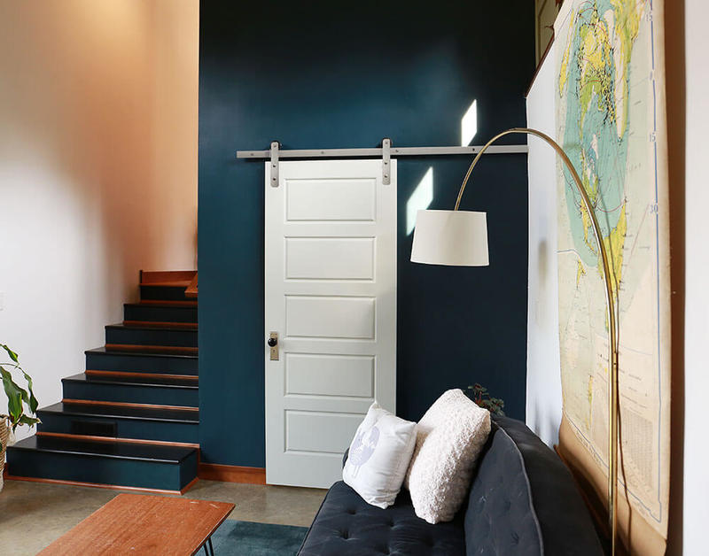 SMSA5 Primed Molded Door with Silver MP Series Barn Door Hardware and Track Beauty Shot