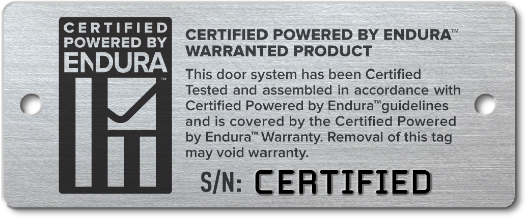 Certified Powered by Endura Warranted Product Door Tag Example