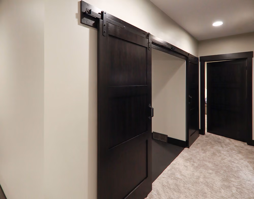 PPOE3 Poplar Interior Door | Black Barn Door Track & Hardware