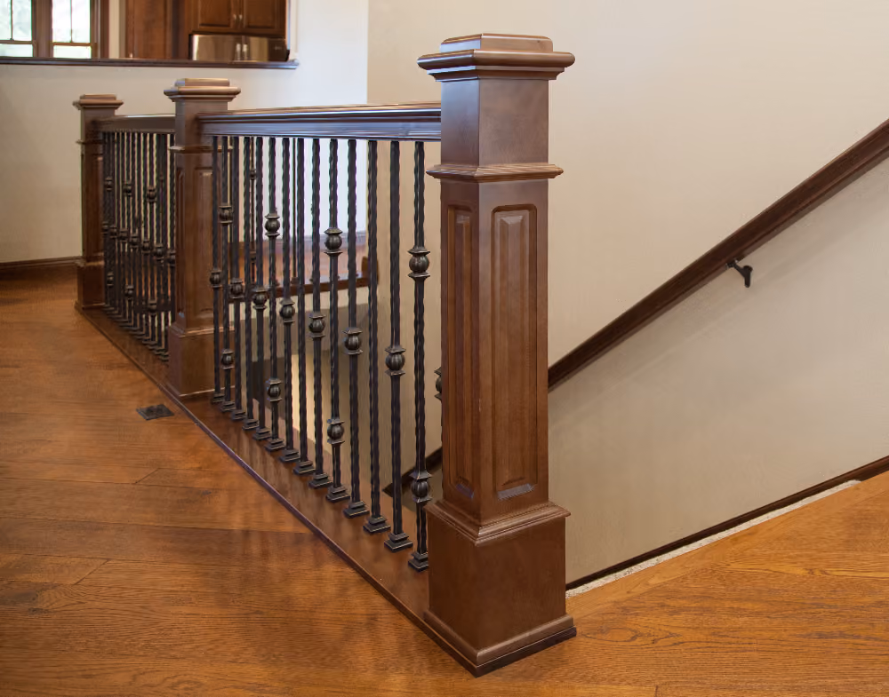 4097RP Poplar Box Newel | 6410 Poplar Rail | Forged Iron Baluster | 3101-2 Shoe