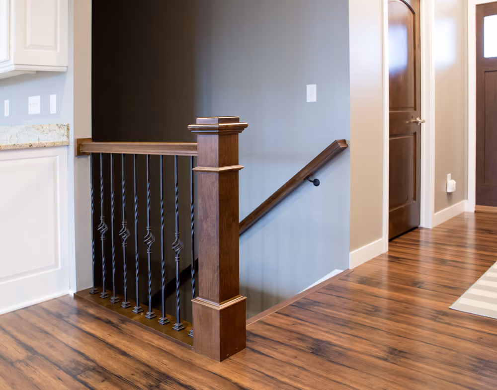 4096 Alder Box Newel | 6010P Poplar Rail | Forged Iron Baluster | PPOB2 Poplar Panel Door | 239A Primed Poplar Base | 157A Primed MDF Casing