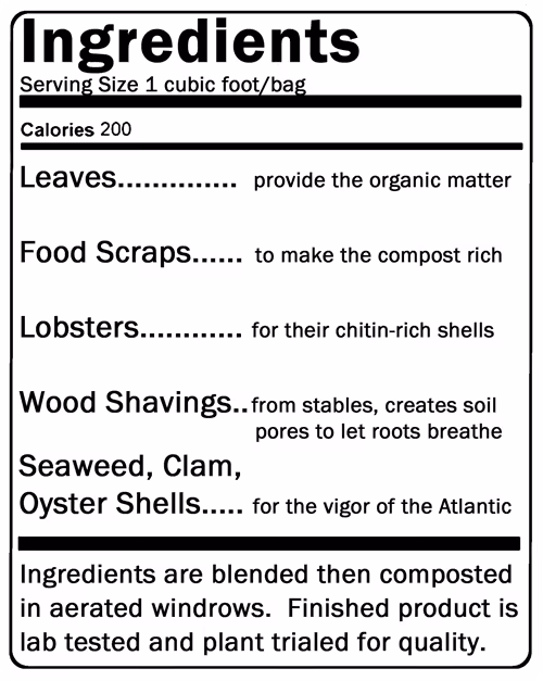 Ingredients list for compost mix including leaves, food scraps, lobsters, wood shavings, seaweed, clam, and oyster shells, with descriptions of their contributions and a note about composting and quality testing.