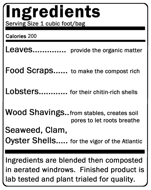 Ingredients list for compost mix including leaves, food scraps, lobsters, wood shavings, seaweed, clam, and oyster shells, with descriptions of their contributions and a note about composting and quality testing.